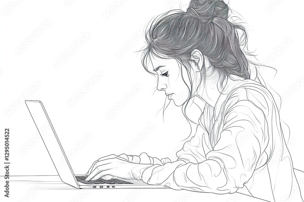 Woman with Bun Working on Laptop Computer Woman with Bun Working on Laptop Computer