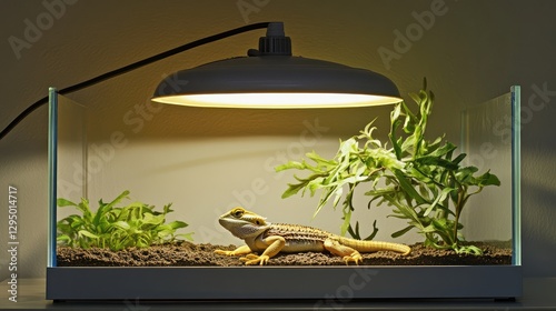 A clean reptile terrarium with a bearded dragon basking under a heat lamp, leaving ample space for text around. photo