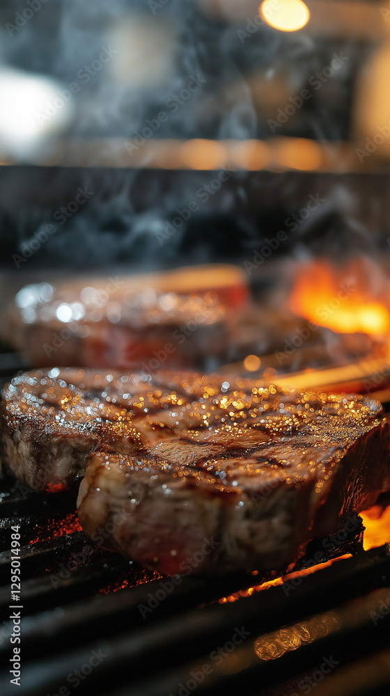 Steaks grilling in a restaurant kitchen setting