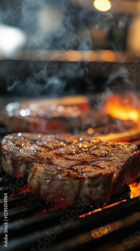 Obraz na płótnie Steaks grilling in a restaurant kitchen setting w salonie