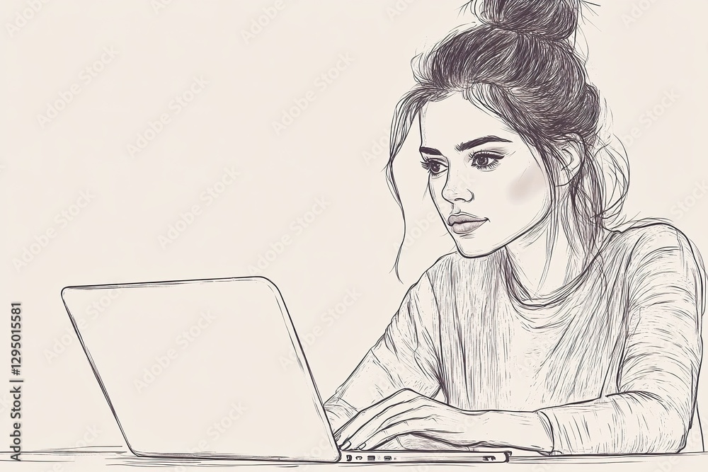 Young Woman Working on Laptop Stylish Drawing Young Woman Working on Laptop Stylish Drawing