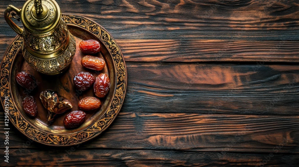 Fototapeta premium A beautifully crafted traditional Arabian coffee pot sits next to a plate filled with a delightful assortment of dates, all elegantly arranged on a rustic wooden table