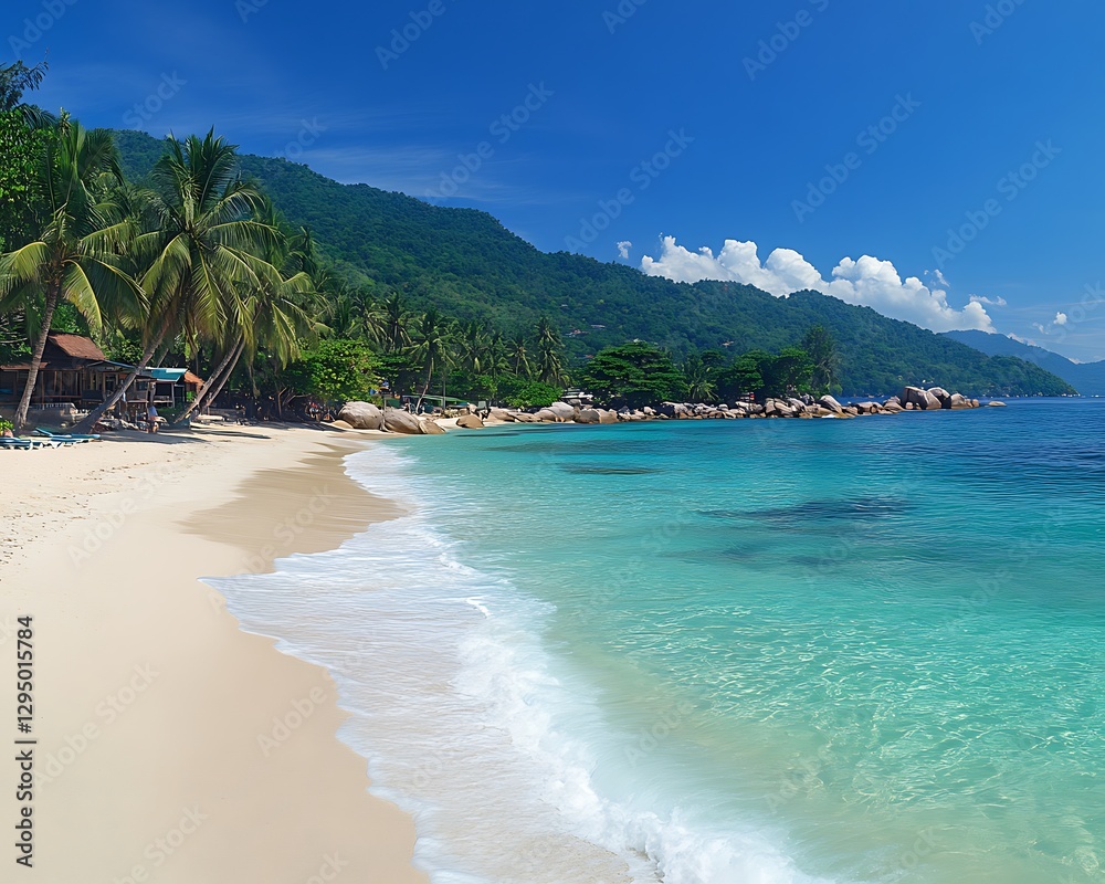 Naklejka premium Tropical beach, clear water, palm trees, vacation