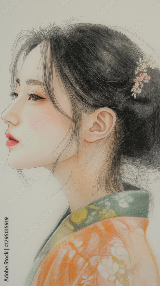 Vertical illustration of a Japanese woman in a kimono