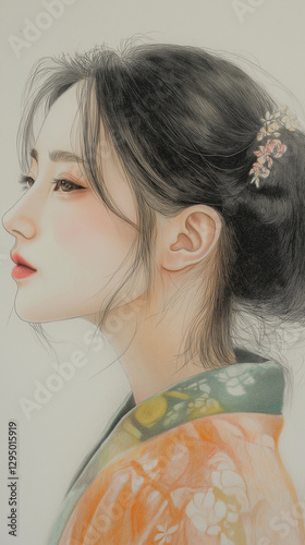 Vertical illustration of a Japanese woman in a kimono