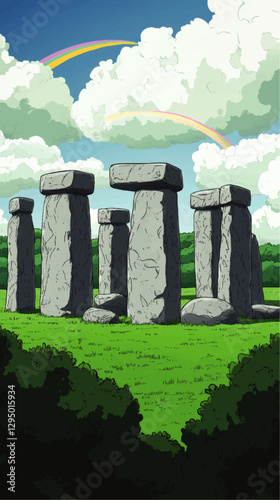 Vibrant Landscape Featuring Stonehenge Illustration with Lush Green Grass, Majestic Clouds and Vivid Rainbow in a Serene Nature Setting - Perfect for Travel and Art Lovers