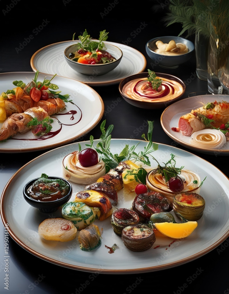 Gourmet plates with various foods fine dining and culinary presentation Gourmet plates with various foods fine dining and culinary presentation