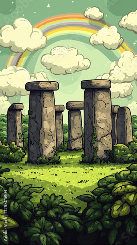 Enchanting Vector Image of Stone Circle Amid Verdant Landscape with Vibrant Rainbow and Fluffy Clouds - Perfect for Mythical and Fantasy Themes