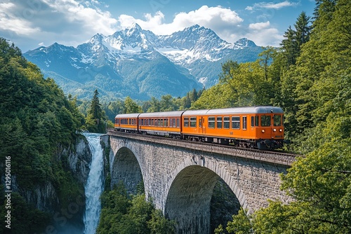 A vintage train crossing an old stone bridge in the middle of green mountains, with a waterfall and snow photo