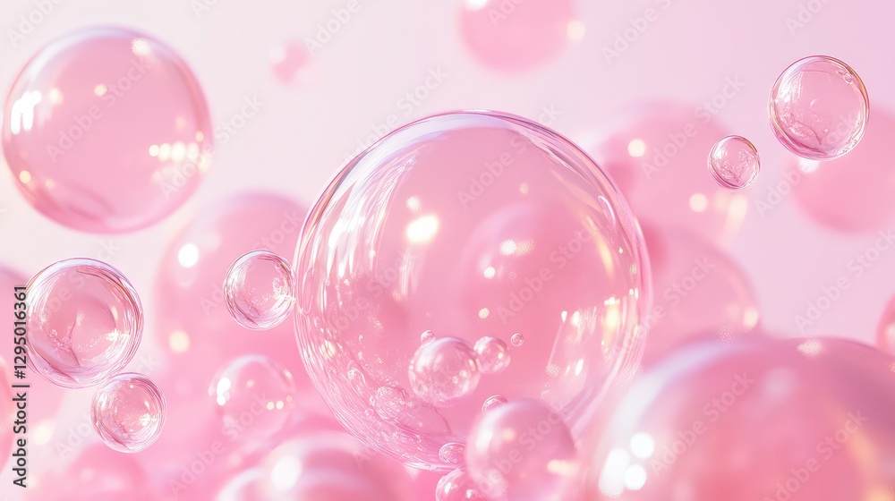 A dreamy collection of pink bubbles rising slowly against a soft light background, providing plenty of room for design or text overlays.