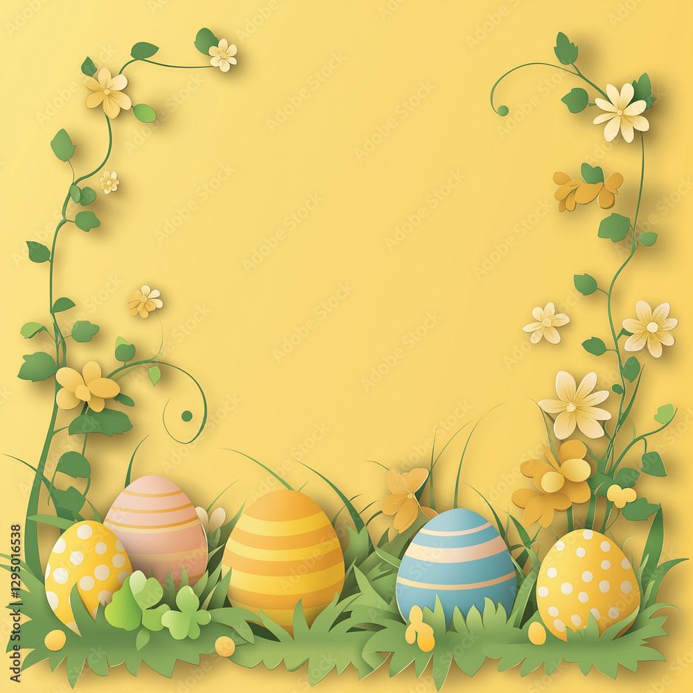 Background of Easter eggs with spring greenery on yellow