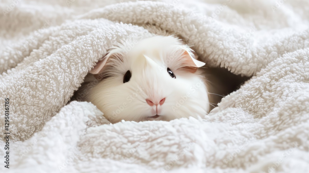 A fluffy guinea pig resting on a soft towel under natural light, surrounded by clear space for text. A fluffy guinea pig resting on a soft towel under natural light, surrounded by clear space for text.