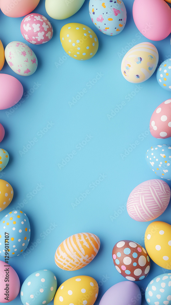 Easter background with eggs on blue with text space