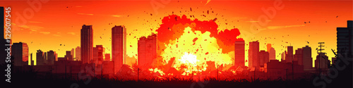 Dramatic Vector Art of Urban Explosion at Sunset with City Skyline Silhouette, Buildings in Flames, Smoke and Debris in Vivid Orange and Yellow Hues