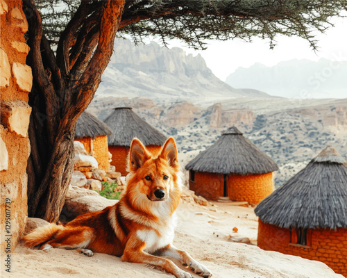 Stunning Vector Illustration of a Dog Resting in Idyllic African Village Scenery with Thatched Huts, Mountains, and Lush Tree Amidst Exotic Landscape