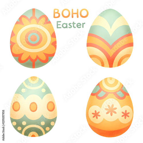Colorful boho-style Easter eggs featuring intricate patterns and vibrant colors.