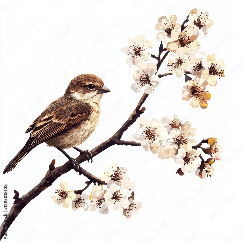 Fototapeta premium Beautiful sparrow perched on a blooming branch of cherry blossoms in soft pastel colors, capturing spring's essence.