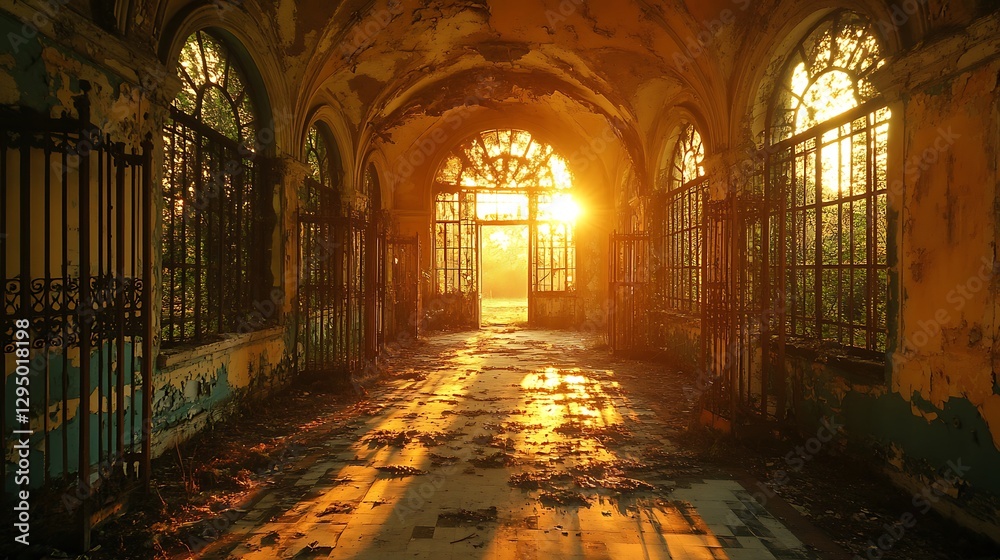 Fototapeta premium Sunlit Ruins Hallway Sunset