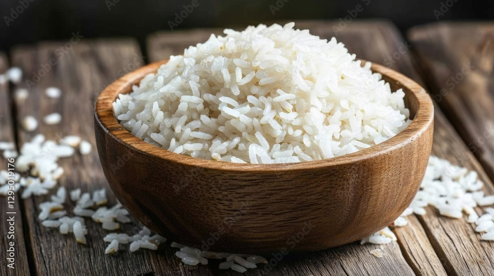 Freshly Cooked White Rice in Wooden Bowl on Rustic Wooden Table Freshly Cooked White Rice in Wooden Bowl on Rustic Wooden Table