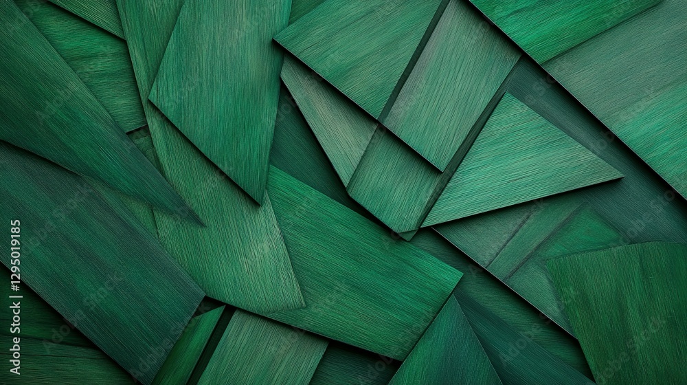 Green geometric wooden tiles arranged in overlapping patterns and layers Green geometric wooden tiles arranged in overlapping patterns and layers