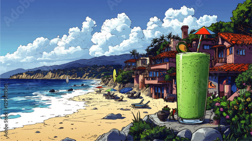 Tropical Beachside Oasis with Palatial Villas, Lush Green Smoothie, Surfboards, and Vibrant Umbrellas under Blue Sky and Fluffy Clouds – Perfect Summer Getaway