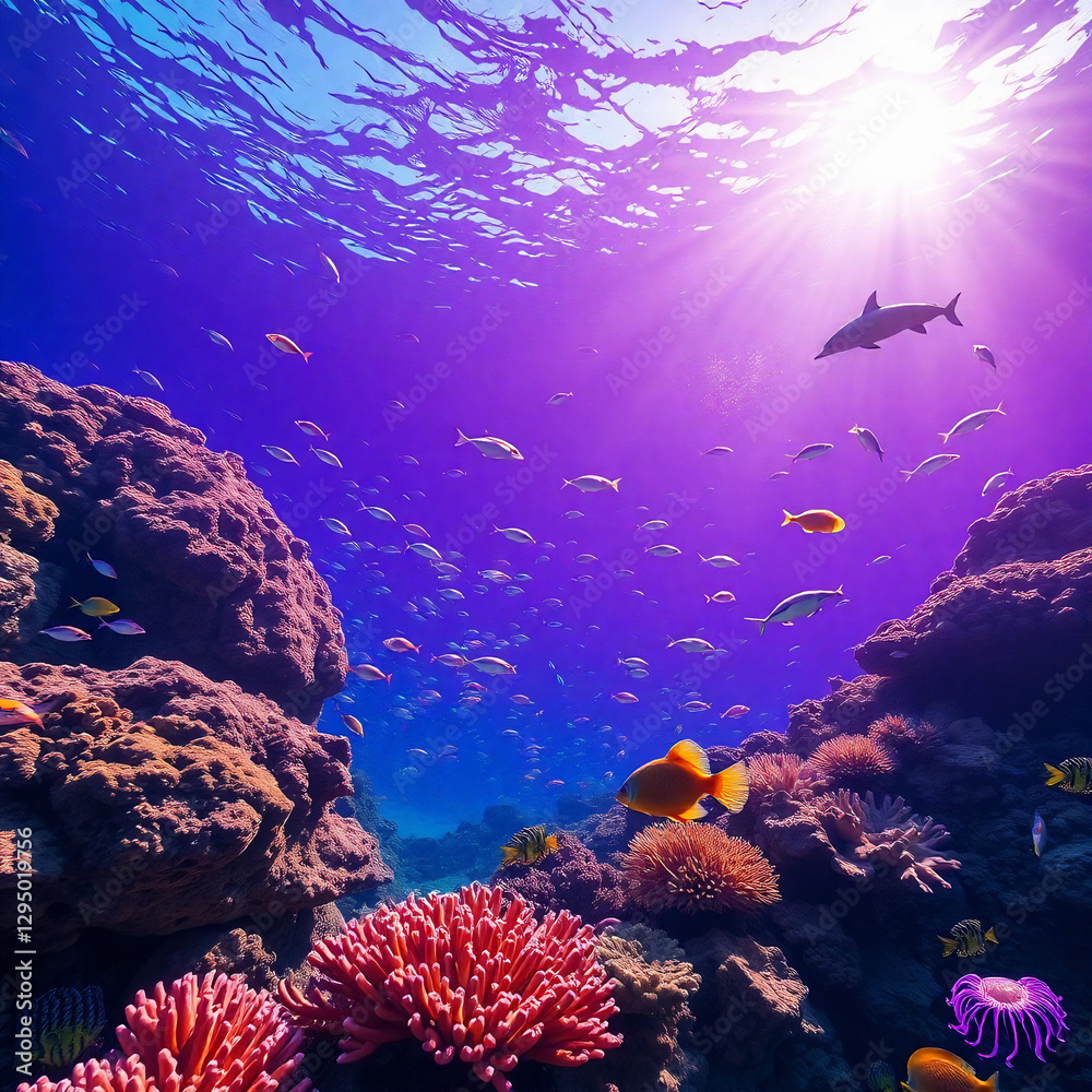Naklejka premium Pristine Plastic-Free Ocean with Vibrant Marine Life and Coral Reefs