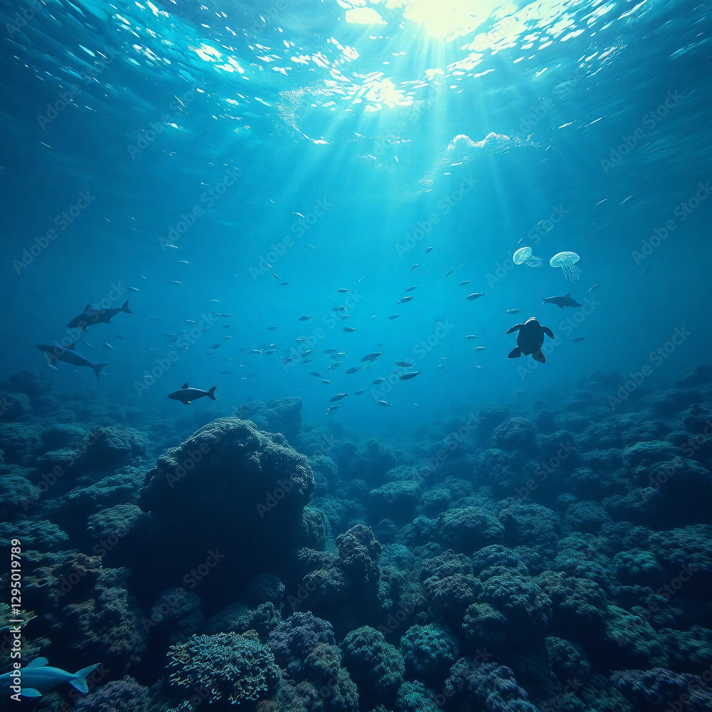 Fototapeta premium Pristine Plastic-Free Ocean with Vibrant Marine Life and Coral Reefs