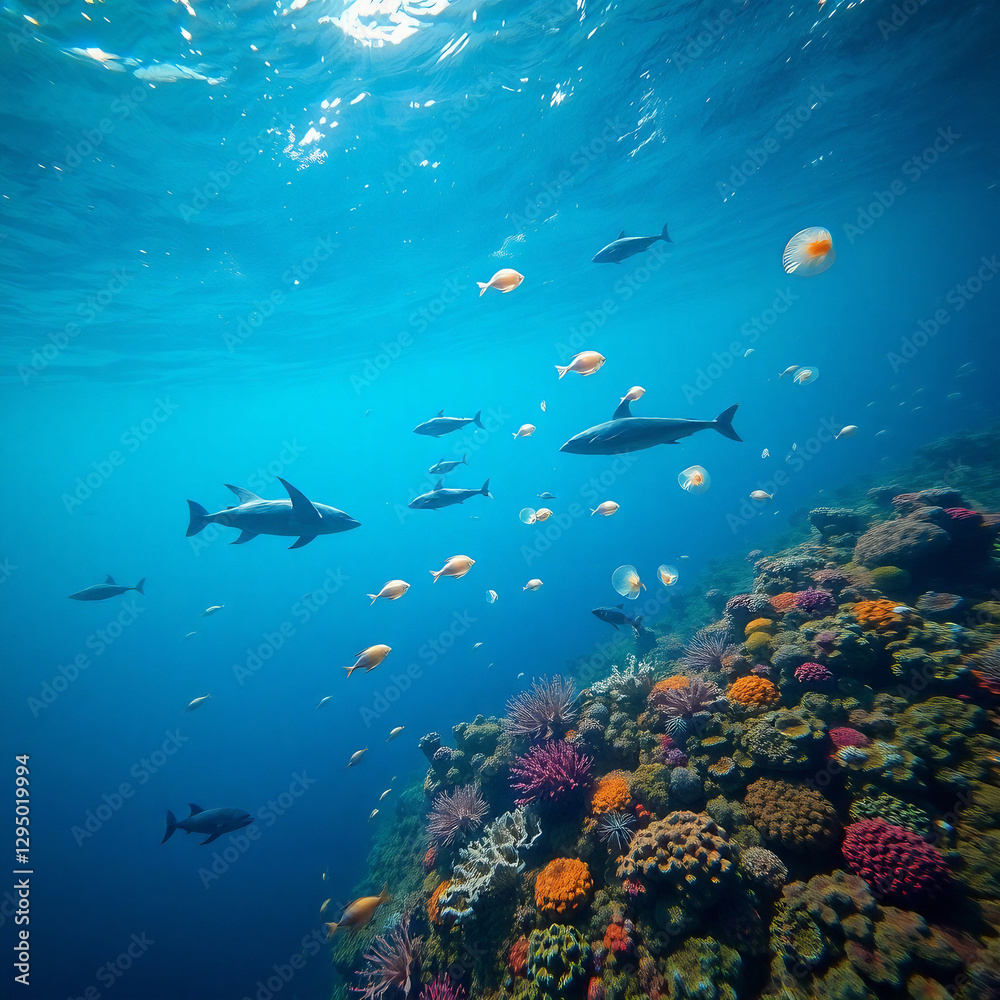 Fototapeta premium Pristine Plastic-Free Ocean with Vibrant Marine Life and Coral Reefs