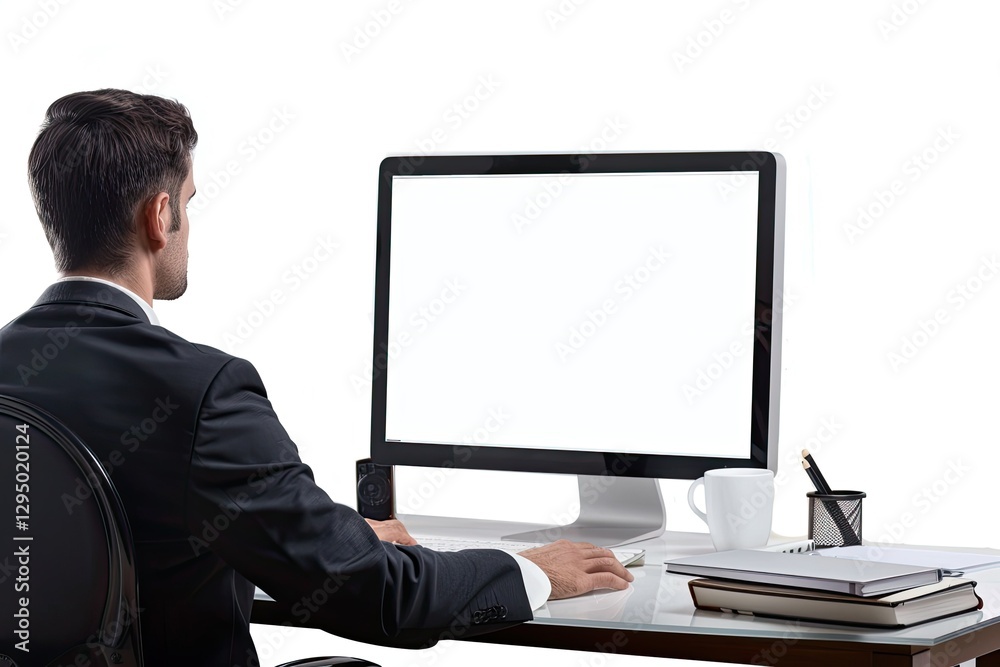 High Detail Image of Side View of Businessman Using Computer in Office High Detail Image of Side View of Businessman Using Computer in Office
