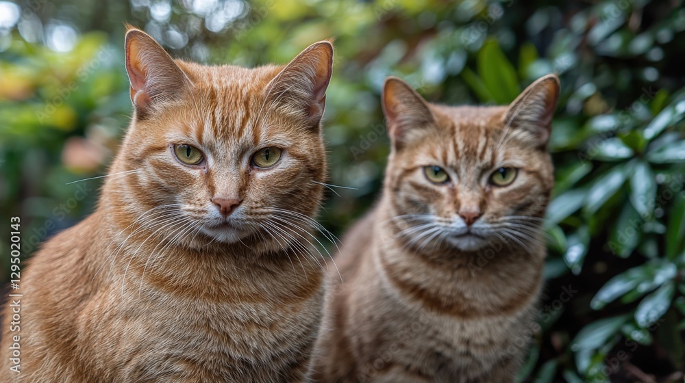 Two Majestic Ginger Cats Portrait in Lush Green Garden Setting Two Majestic Ginger Cats Portrait in Lush Green Garden Setting