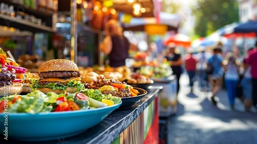 Outdoor food stalls, burgers, and salads, bustling market