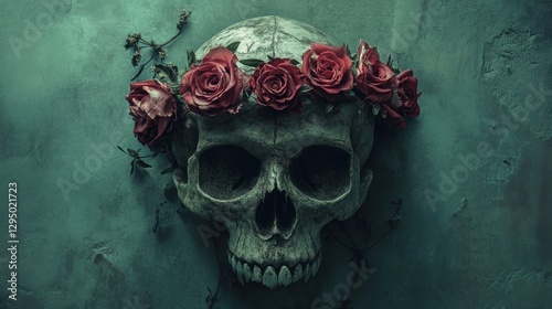 Skull with rose crown, dark background, memento mori