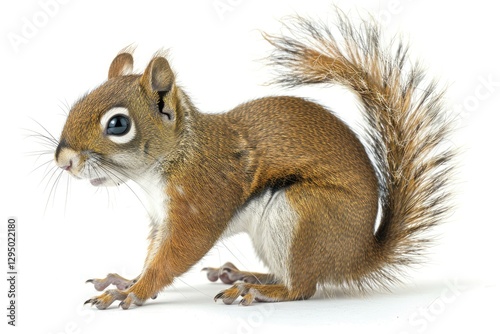 American Red Squirrel in Natural Pose Isolated on White Background, Photo Realistic