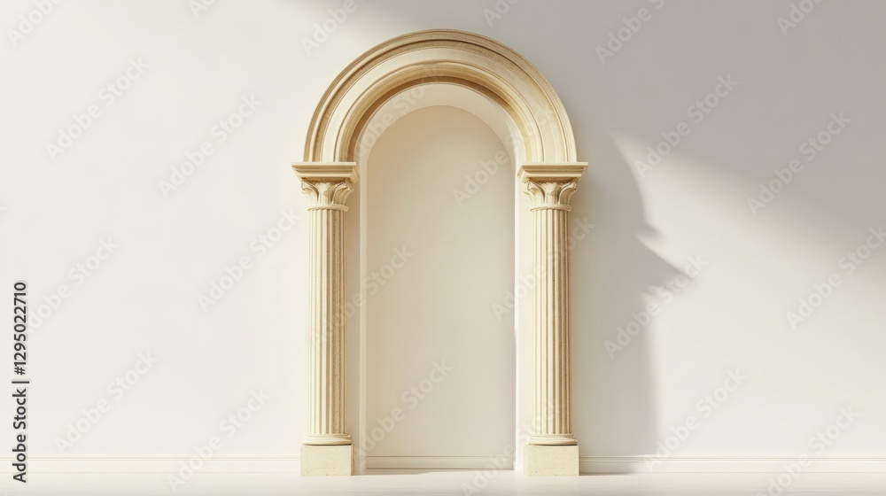 Elegant arched doorway, classic columns, white wall, sunlight. Interior design, home decor