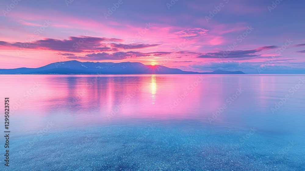 Obraz premium Stunning Sunset Over Tranquil Lake with Vibrant Pink and Purple Reflections