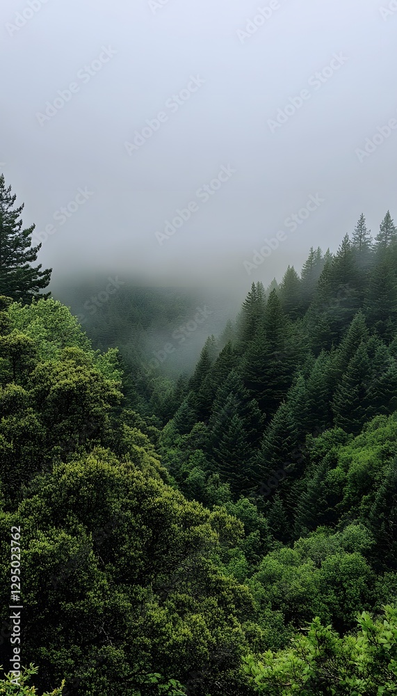 Fototapeta premium A dense forest valley is covered in thick fog