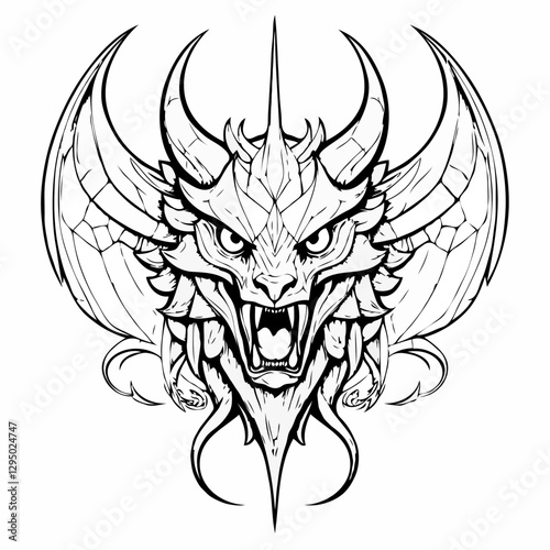 Intricate black and white dragon illustration with fierce expression and detailed features
