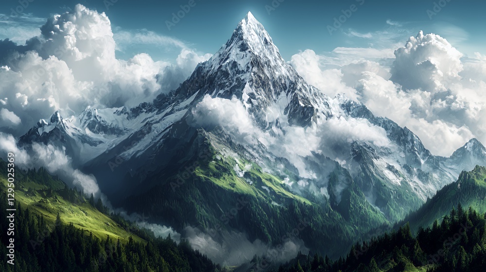 Fototapeta premium Majestic Snow Capped Mountain Peak Amidst Clouds and Lush Green Valley