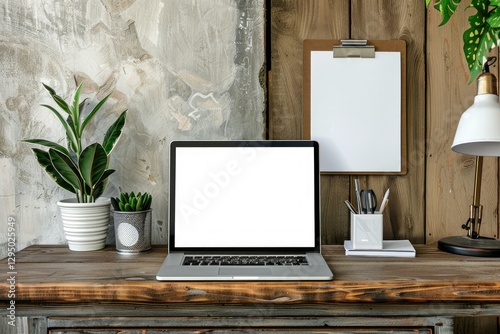 High Detail Visual of Simple Wood Desk with Clipboard and Laptop