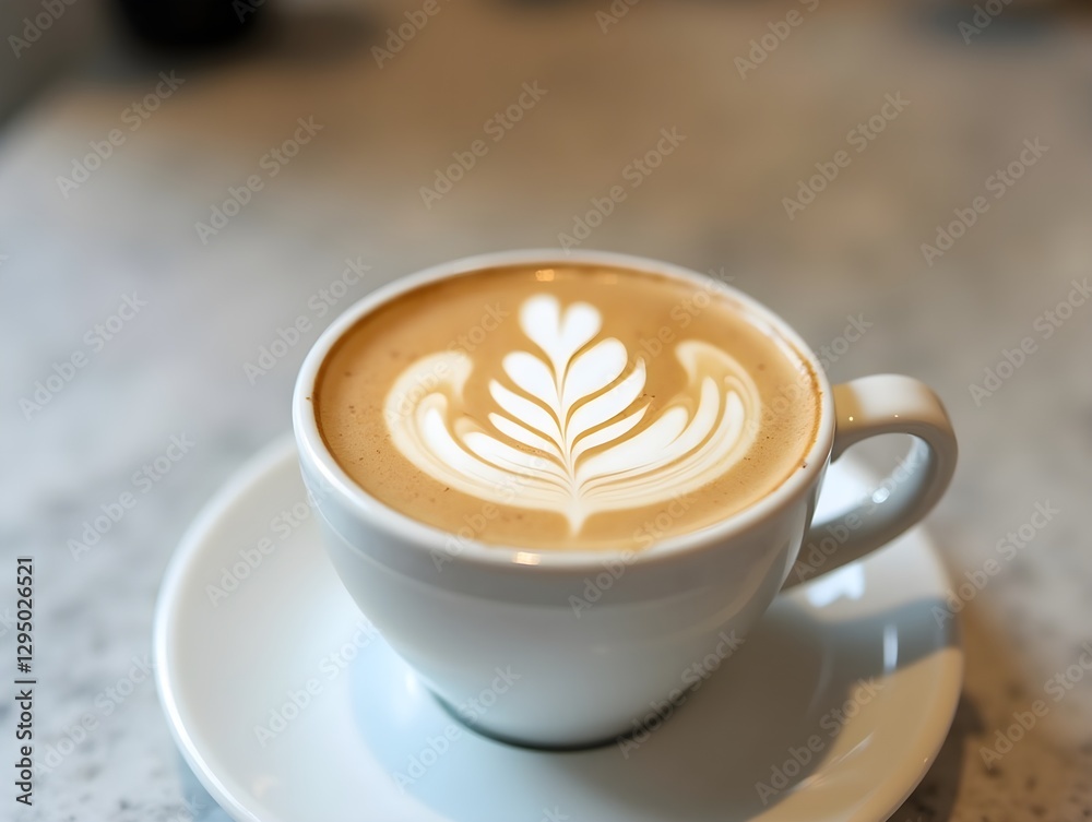 Creamy Cafe Latte with Elegant Latte Art on Marble Countertop Creamy Cafe Latte with Elegant Latte Art on Marble Countertop