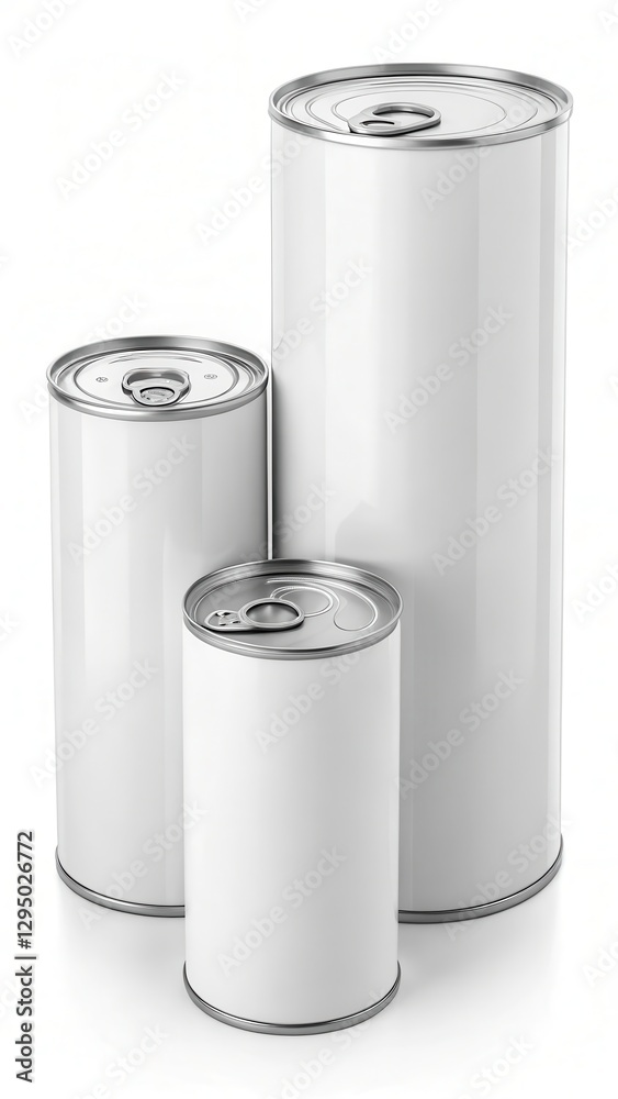 Realistic Glossy White Metal Tin Can Set Suitable for Various Packaging and Storage Needs. Generative AI