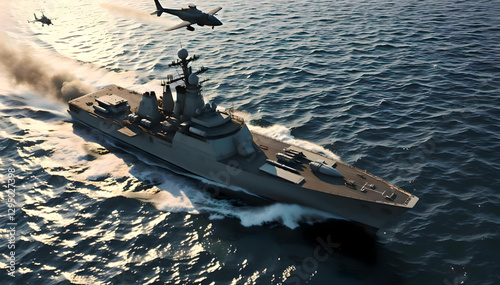 A futuristic warship, flanked by jets, helicopters, and a stealth submarine, showcases powerful artillery and cutting-edge defense systems in a high-intensity ocean battle scene