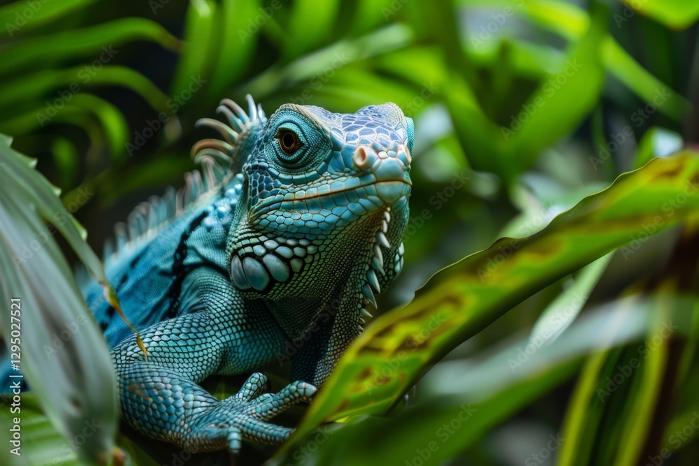Obraz premium Vibrant blue lizard resting among lush green leaves in a tropical environment