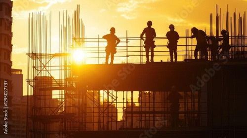 Striking Silhouette of Dedicated Construction Workers Amidst a Golden Evening Skyline Highlighting the Grit and Determination of Urban Development