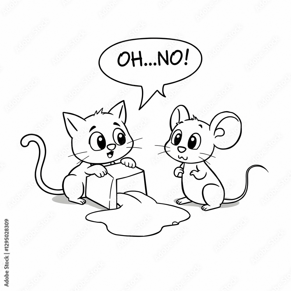 Fototapeta premium Cartoon Cat and Mouse Spilled Milk Puddle Surprised Expressions Black and White Line Drawing Cute Animal Comic Style