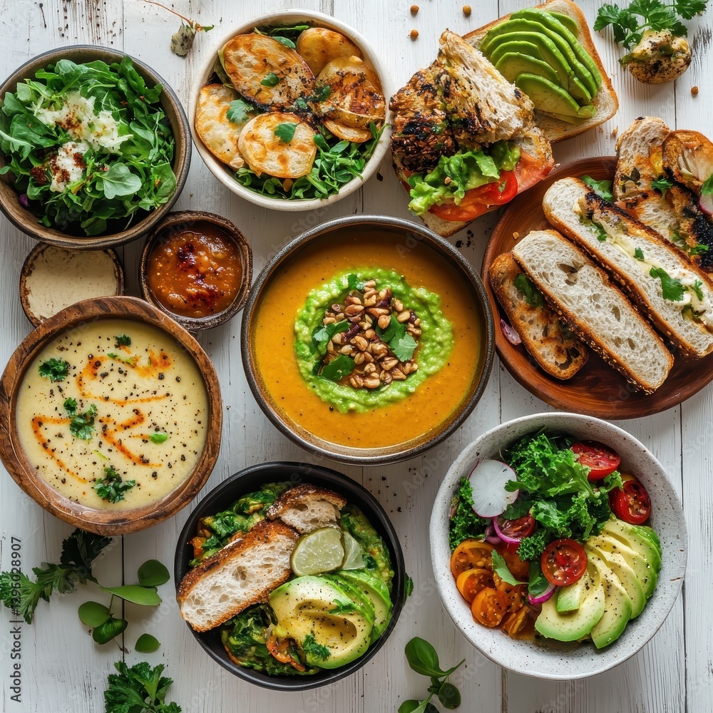 A close-up view of a rustic wooden table adorned with colorful bowls filled with delicious food and fresh bread. A close-up view of a rustic wooden table adorned with colorful bowls filled with delicious food and fresh bread.