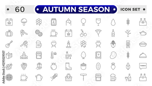 Autumn season outline Icons set. Collection of fall related objects, plants and animals, holidays, celebrations.