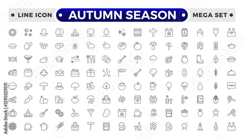 Autumn season outline Icons set. Collection of fall related objects, plants and animals, holidays, celebrations.