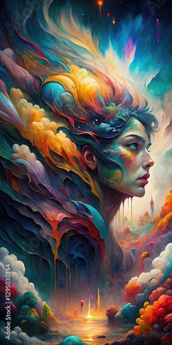 Ephemeral Dream: Fantastical Portrait of a Woman with a Colorful Universe, Generative AI