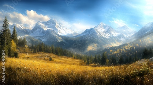 Autumnal Mountain Landscape with Golden Field and Snow-capped Peaks